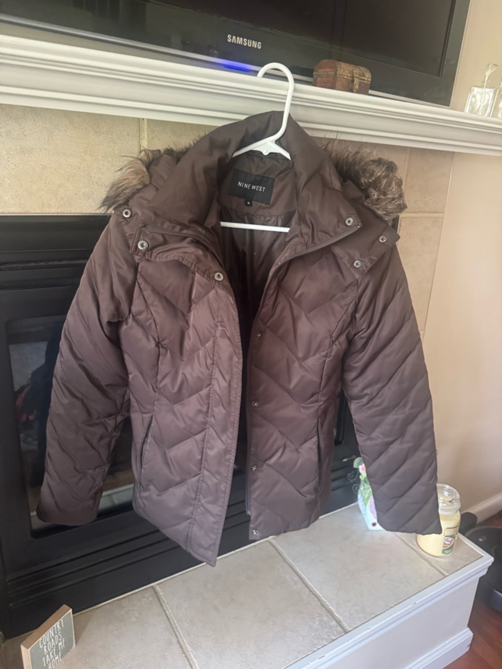 Nine West Chocolate Brown Quilted Puffer Coat with Faux Fur Hood